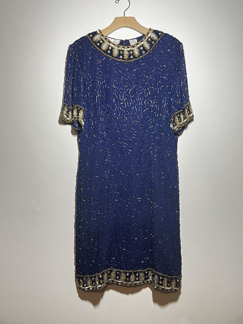 VTG Laurence Kazar EUC Blue Silk Beaded Sequin Evening Foral Dress L STUNNING